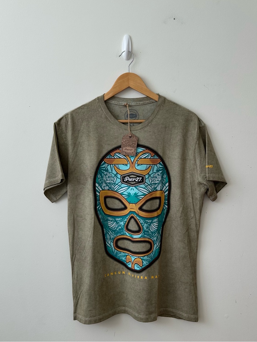 Pier27 Luchador Mask Graphic Print T Shirt Mens L Green Cotton Crew Neck